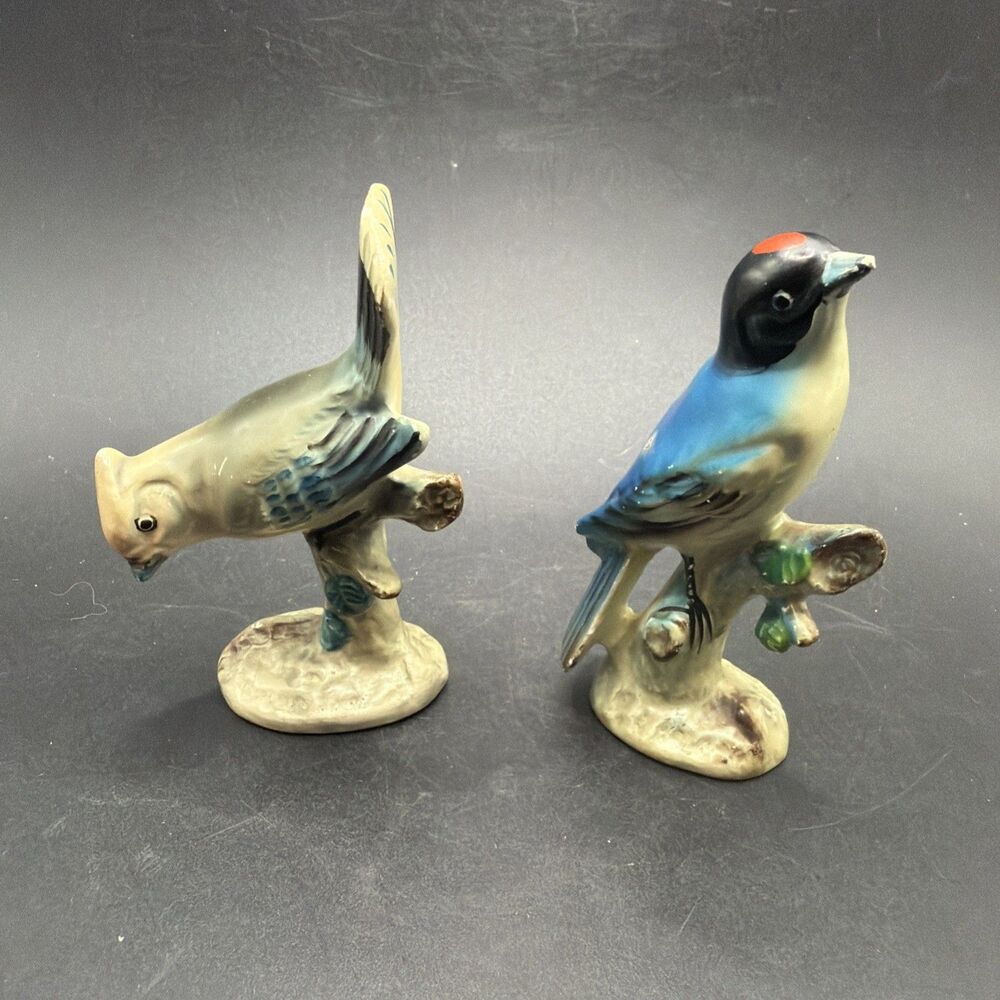 Vintage Ucagco Japan Ceramics Cedar Waxwing Bird & King Bird on Branch Set Of 2